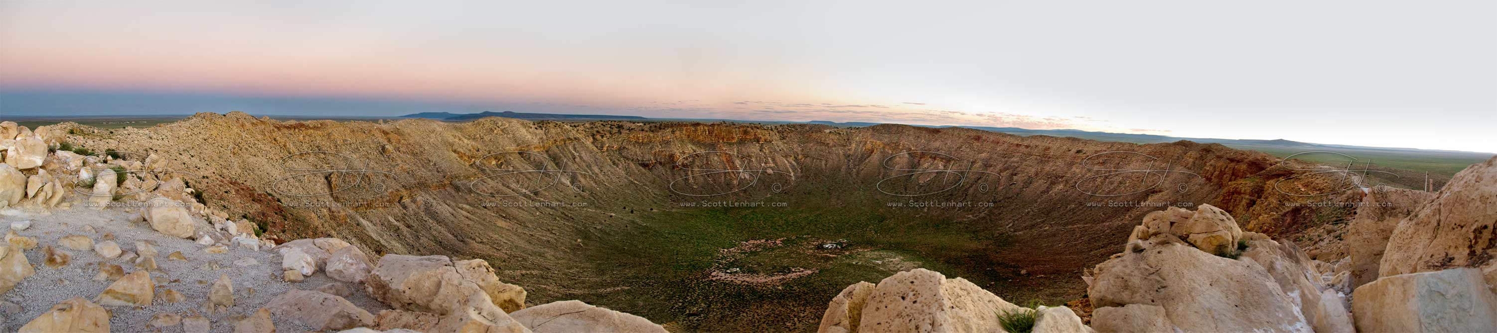 evening twilight panorama of meteor crater near winslow, arizona