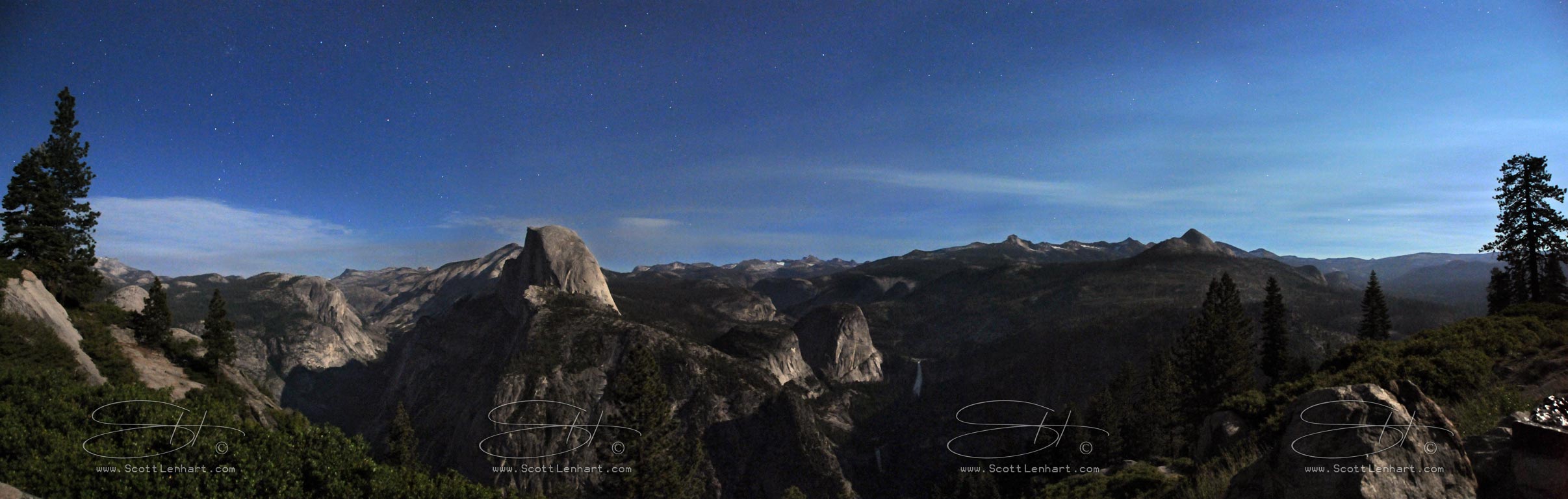 nighttime panorama view of the high sierra from glacier point